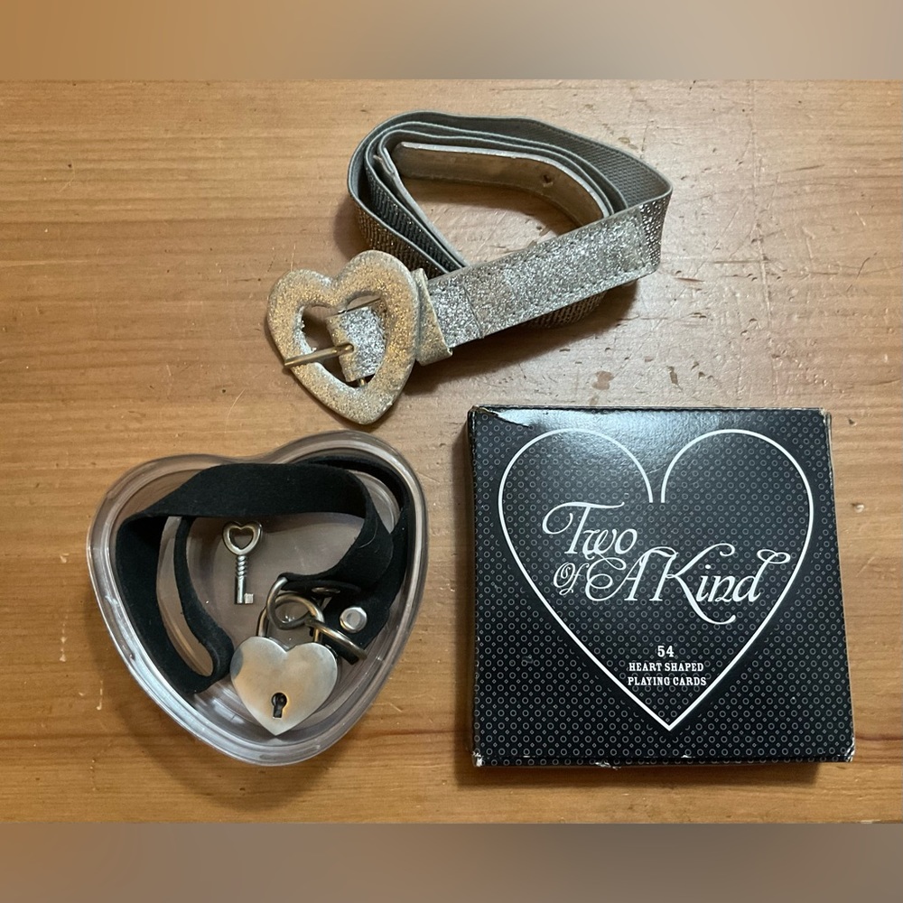 Hearts: Set of three , silver glitter belt, heart lock, and heart playing cards.